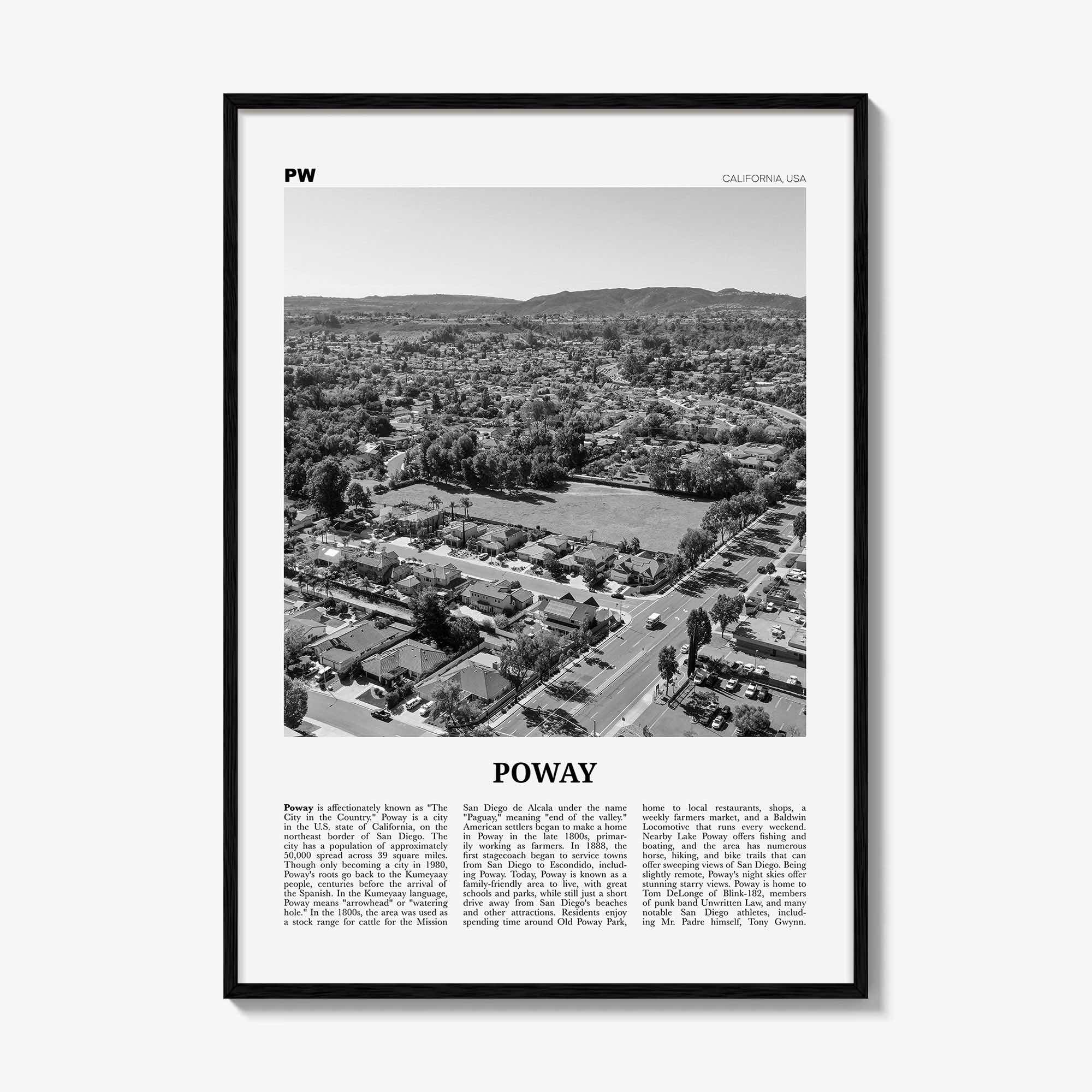 Poway Print Black and White No 1, Poway Wall Art, Poway Poster, Poway Photo, Poway Wall Décor, Poway Map, California, USA