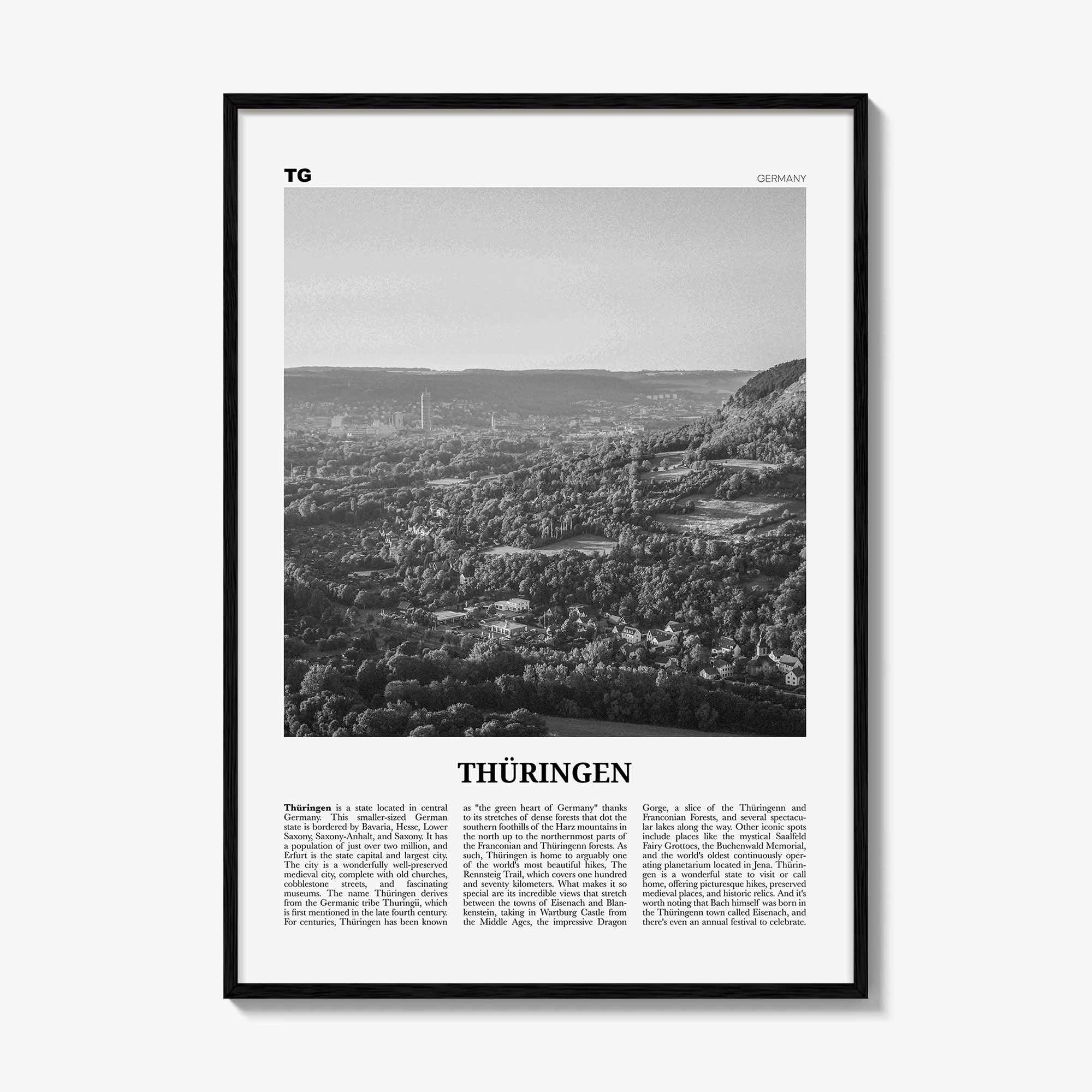 Thuringen Print Black and White, Thüringen Wall Art, Thüringen Poster, Thüringen Photo, Thüringen Wall Décor, Thüringen Map, Germany