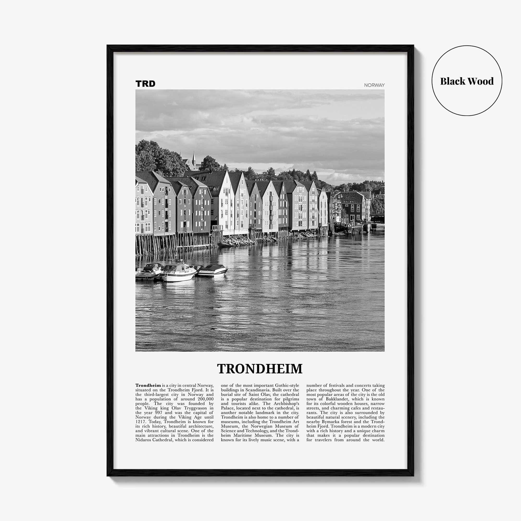 Trondheim Print Black and White, Trondheim Wall Art, Trondheim Poster, Trondheim Photo, Trondheim Wall Décor, Trondheim Map, Norway