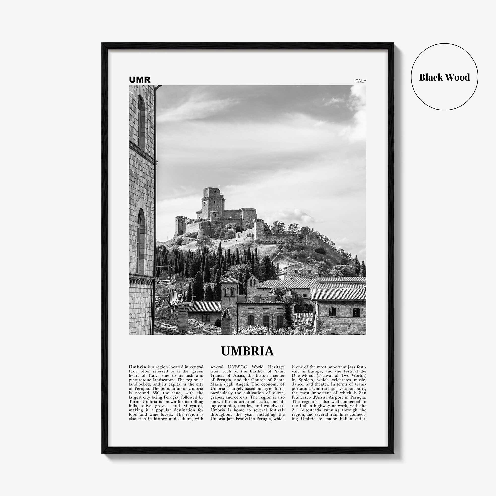 Umbria Print Black and White, Umbria Wall Art, Umbria Poster, Umbria Photo, Umbria Wall Décor, Umbria Map, Italy