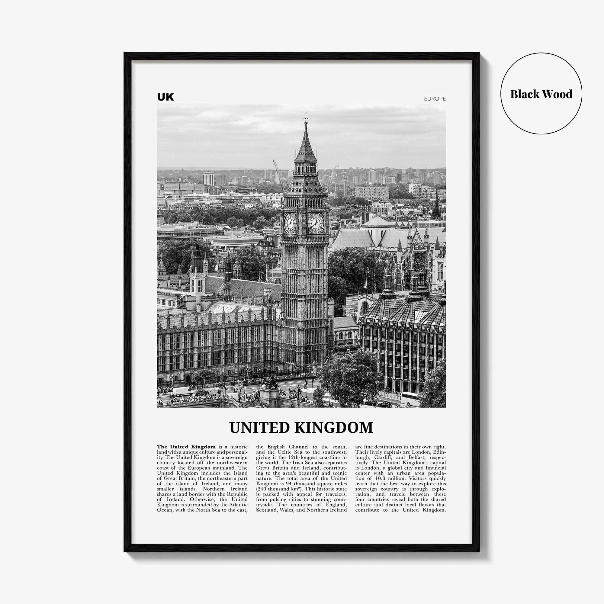 United Kingdom Print Black and White No 1, United Kingdom Wall Art, United Kingdom Poster, UK, Great Britain, England, Ireland, Scotland