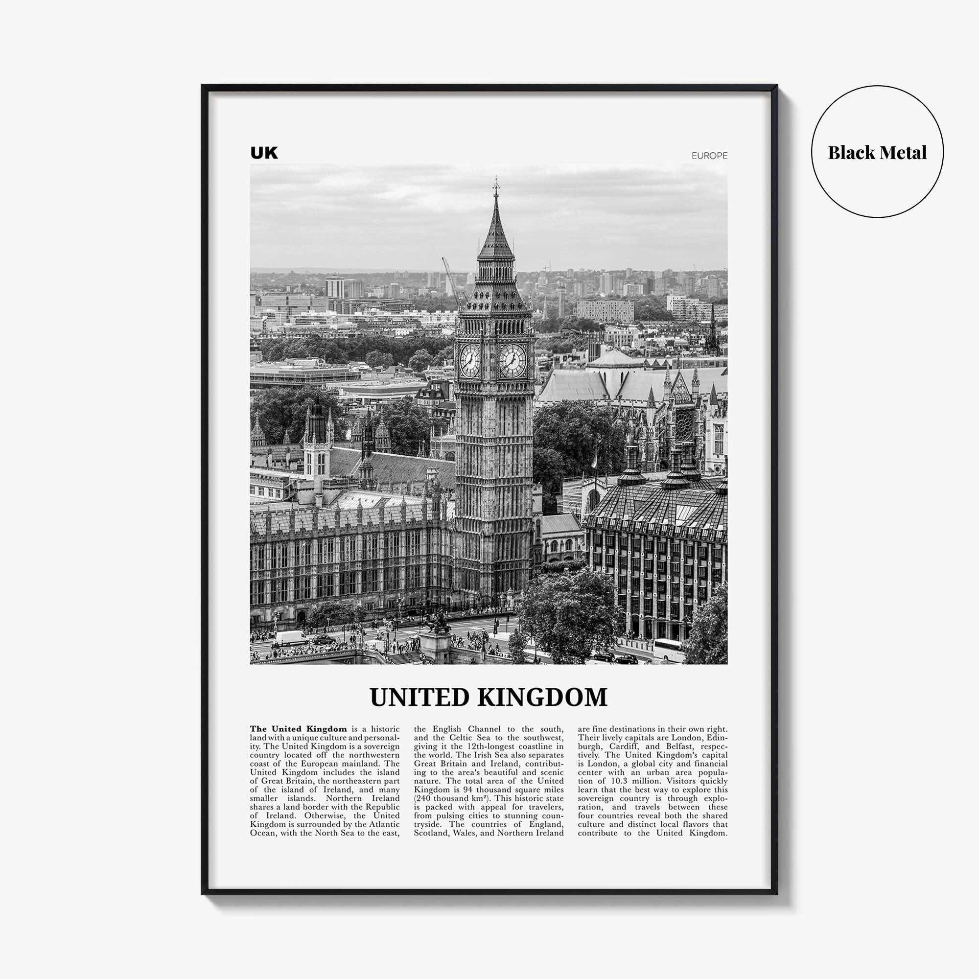 United Kingdom Print Black and White No 1, United Kingdom Wall Art, United Kingdom Poster, UK, Great Britain, England, Ireland, Scotland