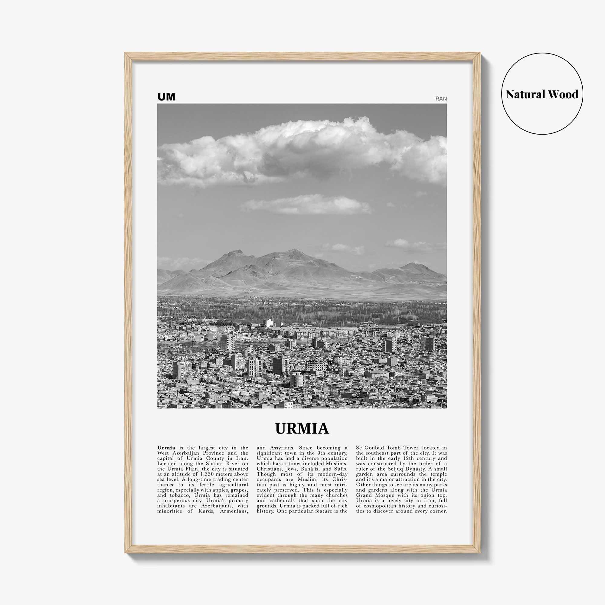 Urmia City Print Black and White, Urmia City Wall Art, Urmia City Poster, Urmia City Photo, Urmia City Wall Décor, Urmia City Map, Iran