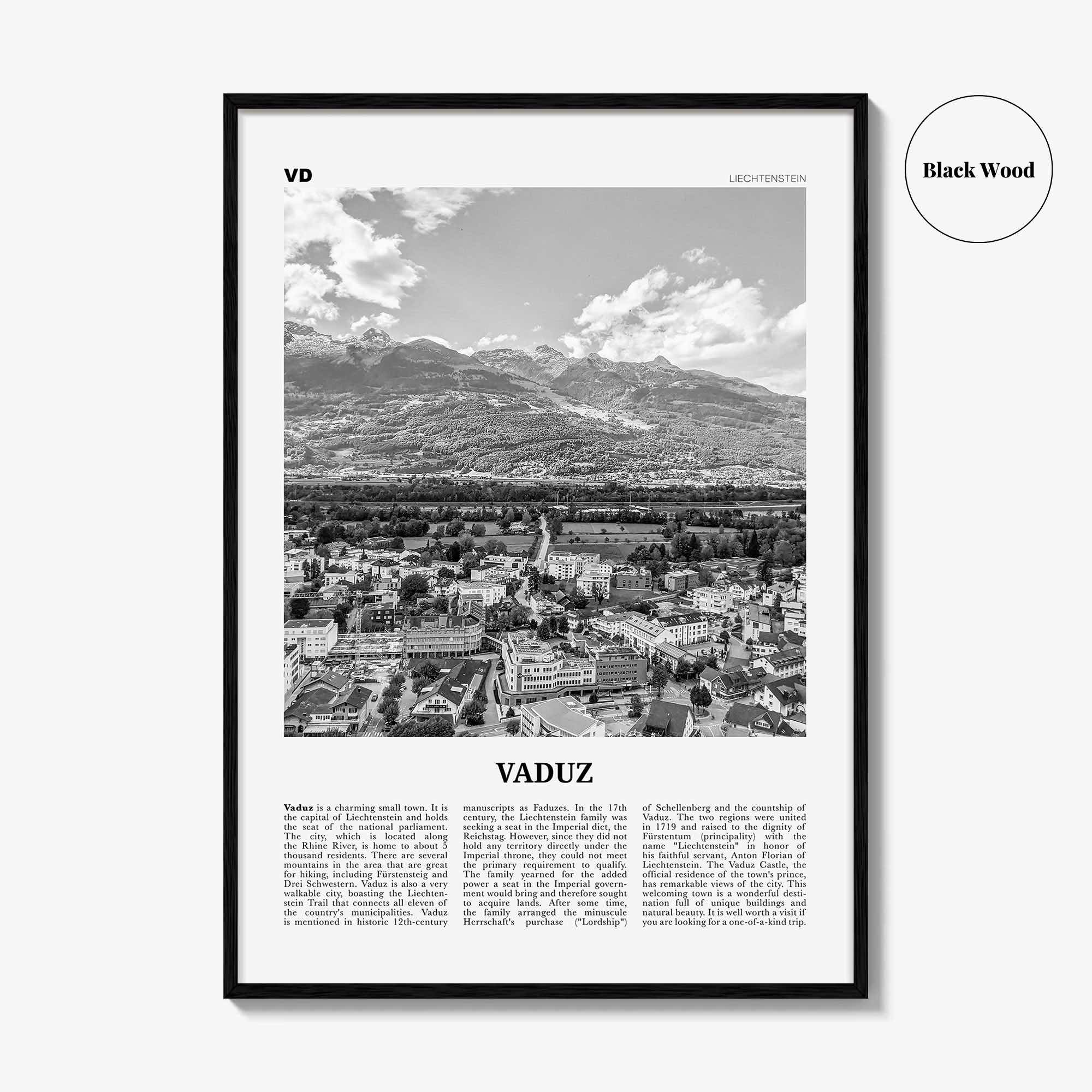Vaduz Print Black and White, Vaduz Wall Art, Vaduz Poster, Vaduz Photo, Vaduz Wall Décor, Liechtenstein, Oberland, Ebenholz, Mühleholz