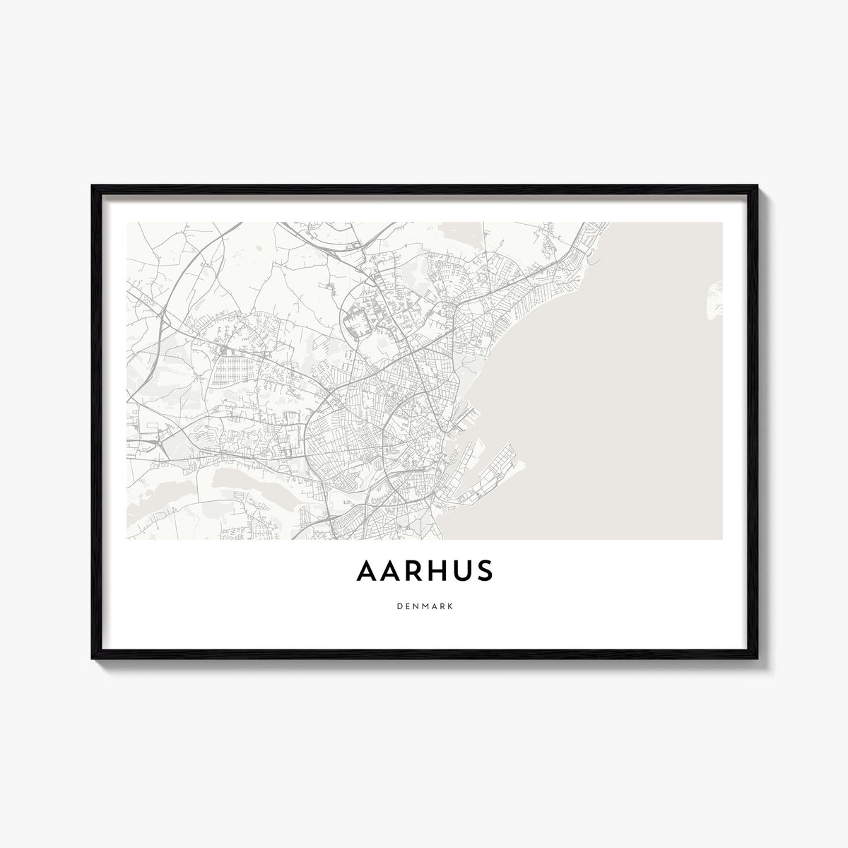 Aarhus black & white map poster of Denmark – horizontal wall art, unframed print shown in interior mockup