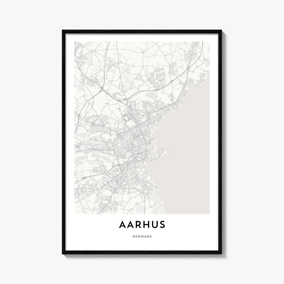 Aarhus black & white map poster of Denmark – vertical wall art, unframed print shown in interior mockup