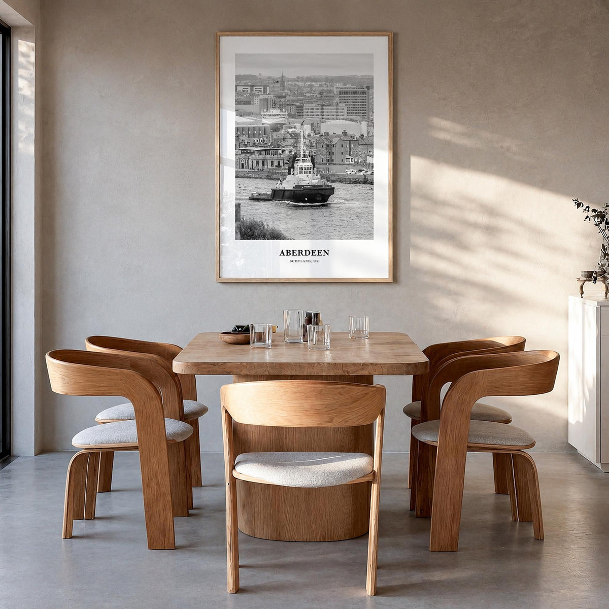 Aberdeen black & white classic poster of Scotland, UK – vertical wall art in natural wood frame, hanging on wall