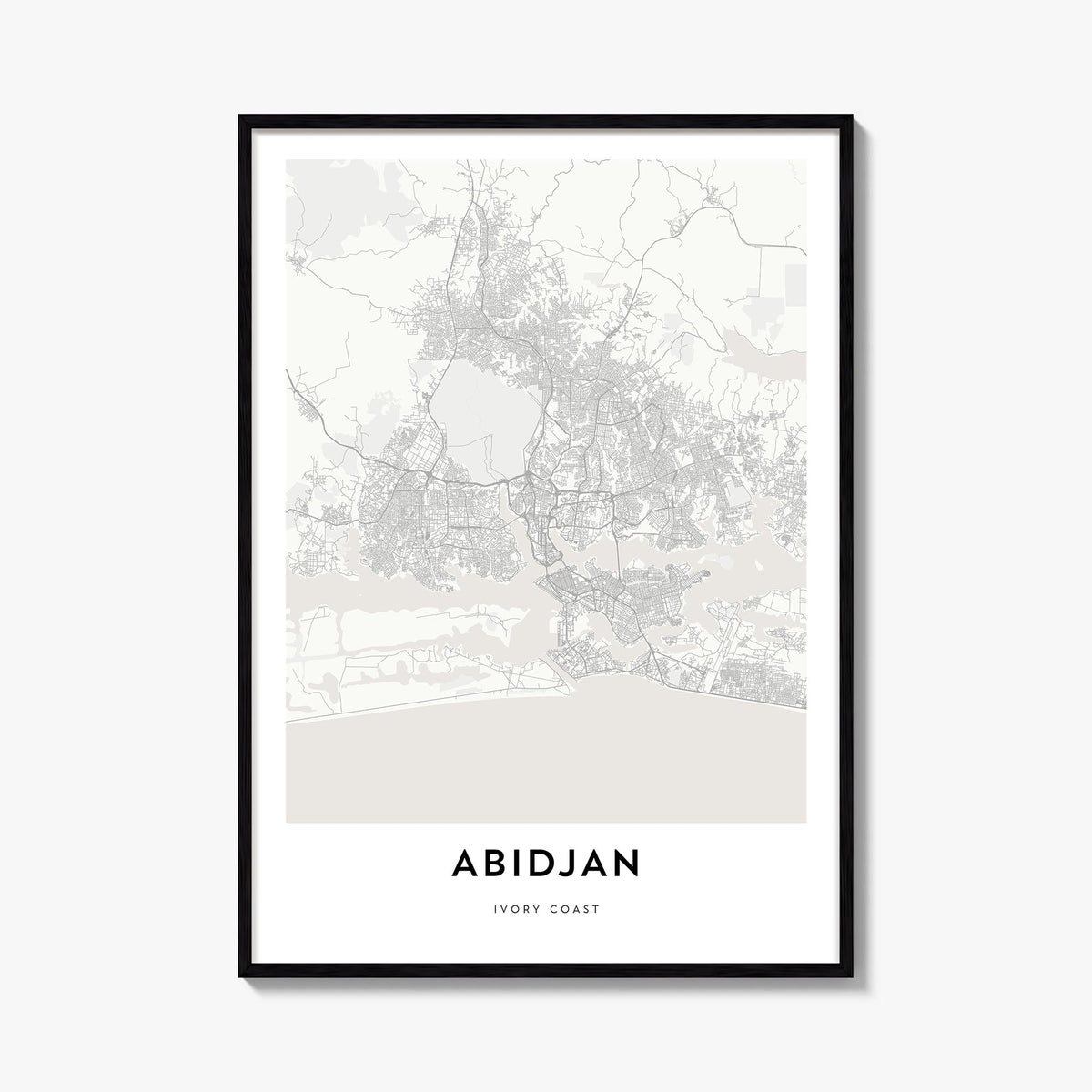 Abidjan black & white map poster of Côte d'Ivoire – vertical wall art, unframed print shown in interior mockup