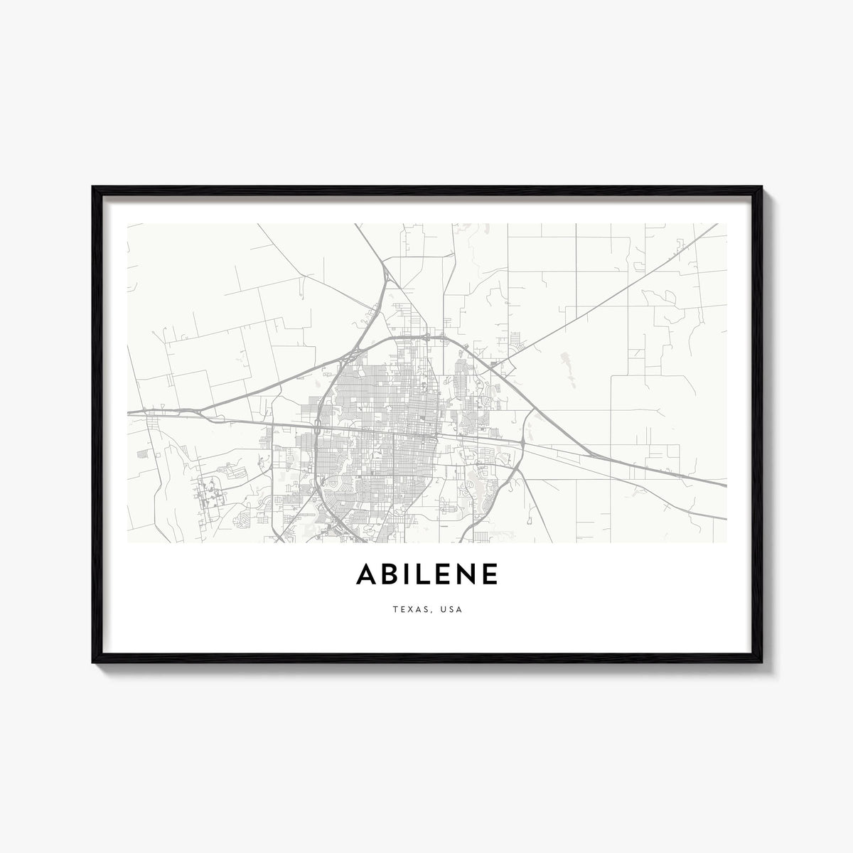 Abilene black & white map poster of Texas, USA – horizontal wall art, unframed print shown in interior mockup