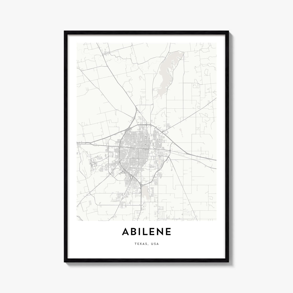 Abilene black & white map poster of Texas, USA – vertical wall art, unframed print shown in interior mockup