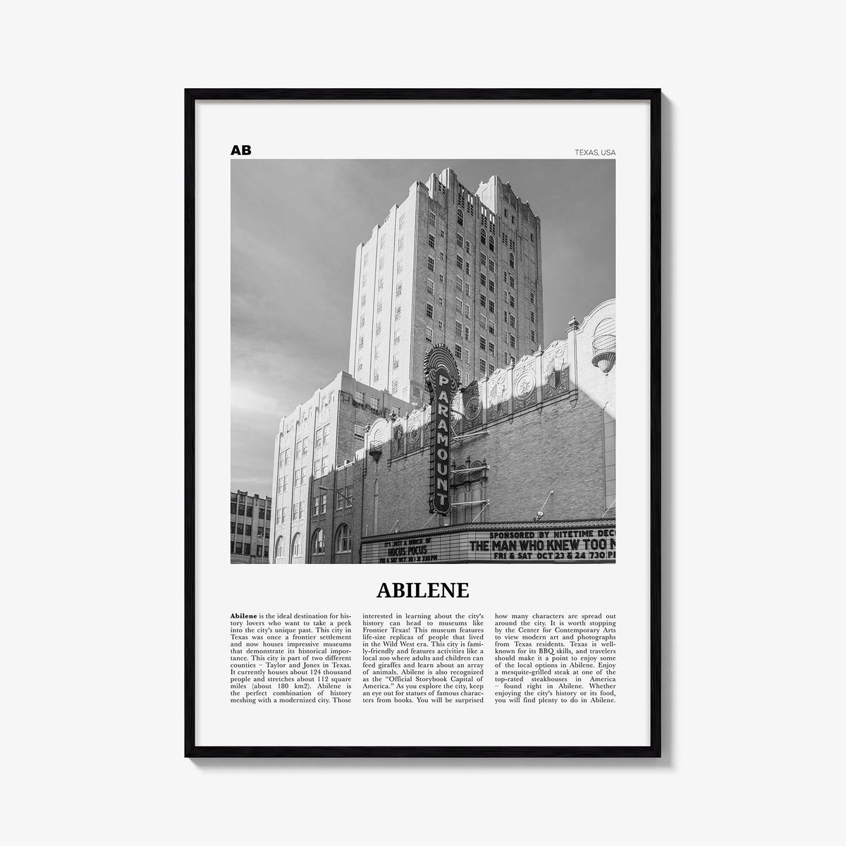 Abilene black & white newspaper poster of Texas, USA – vertical wall art, unframed print shown in interior mockup