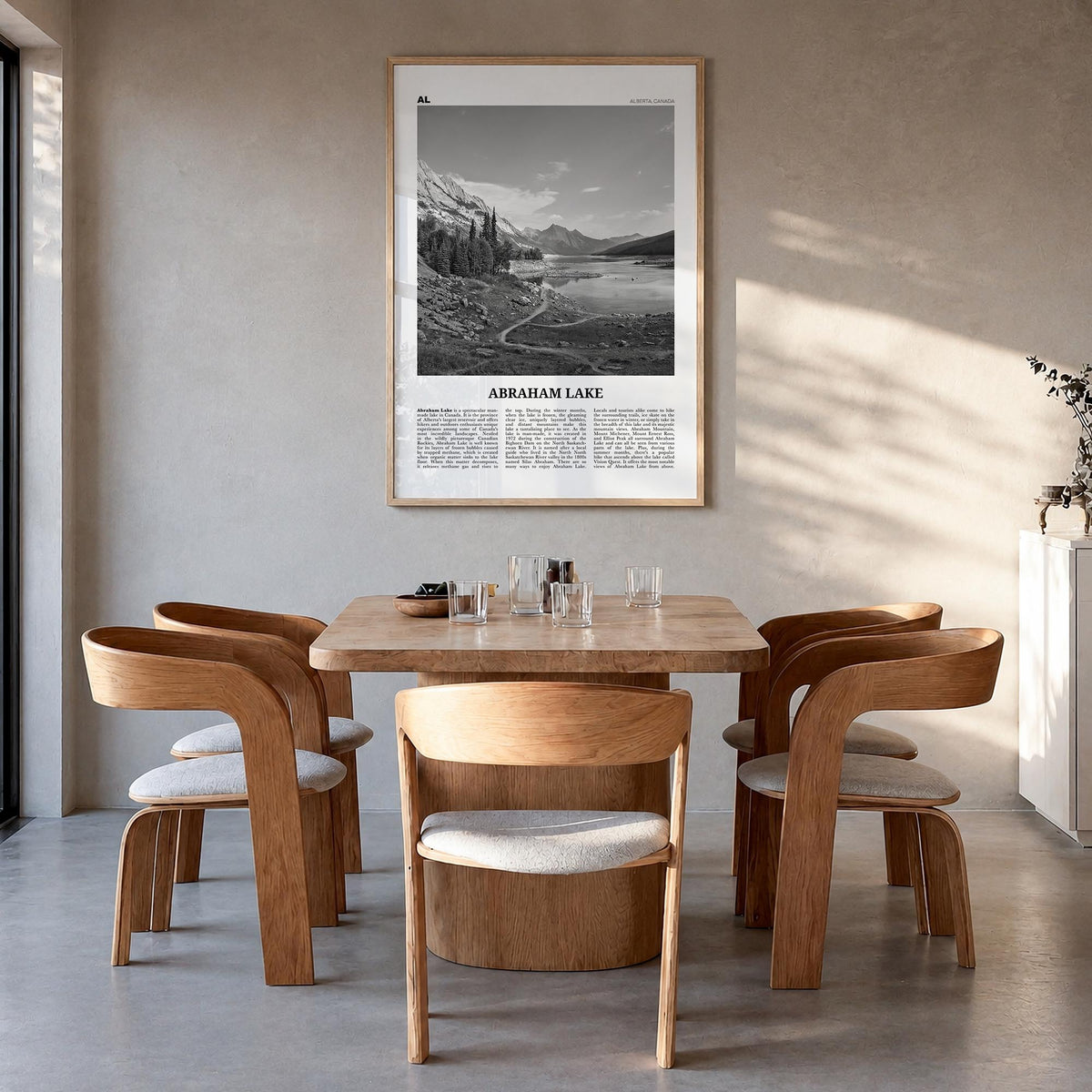 Abraham Lake black & white newspaper poster of Canada – vertical wall art in natural wood frame, hanging on wall
