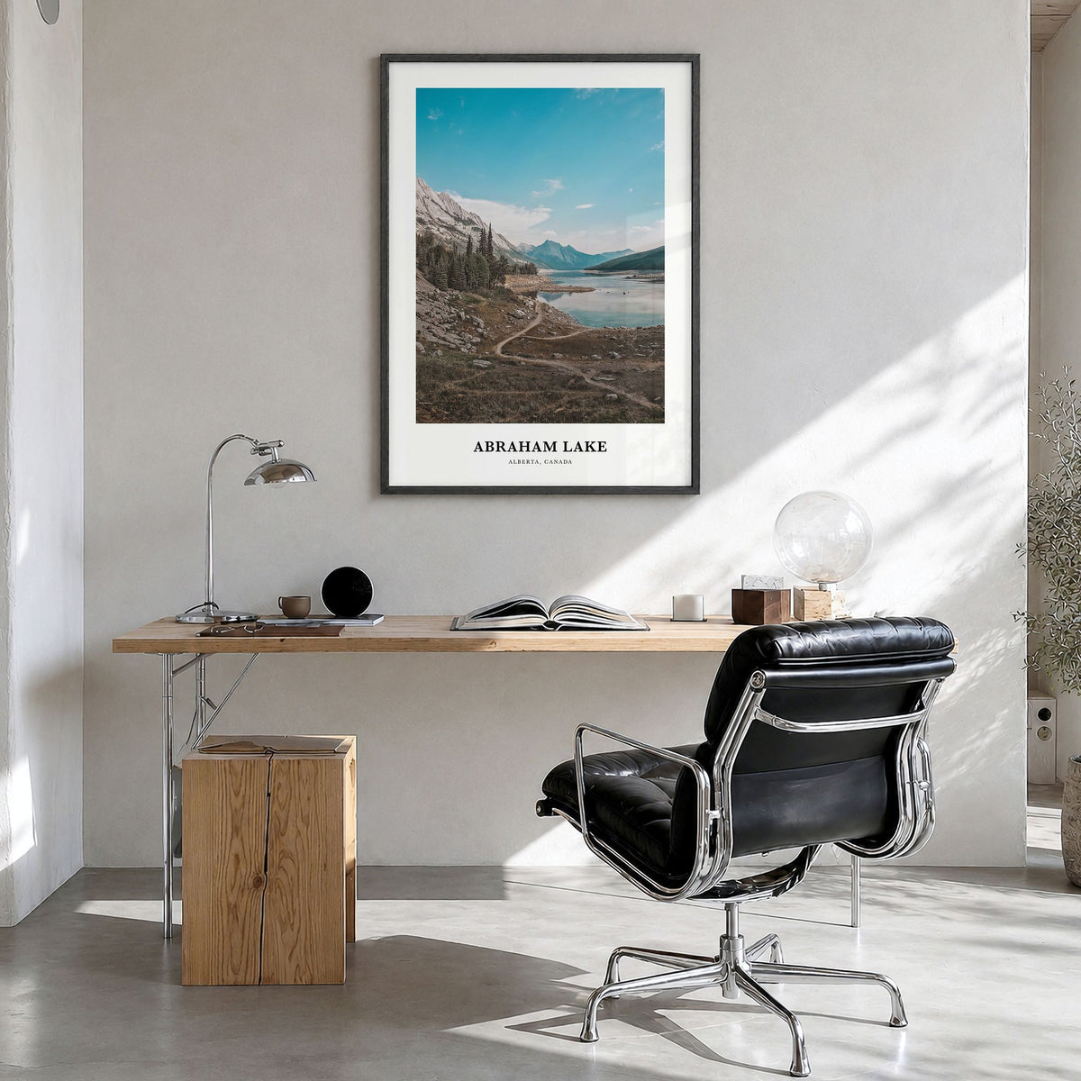 Abraham Lake Classic Poster in a black wood frame, hanging in a bright home office