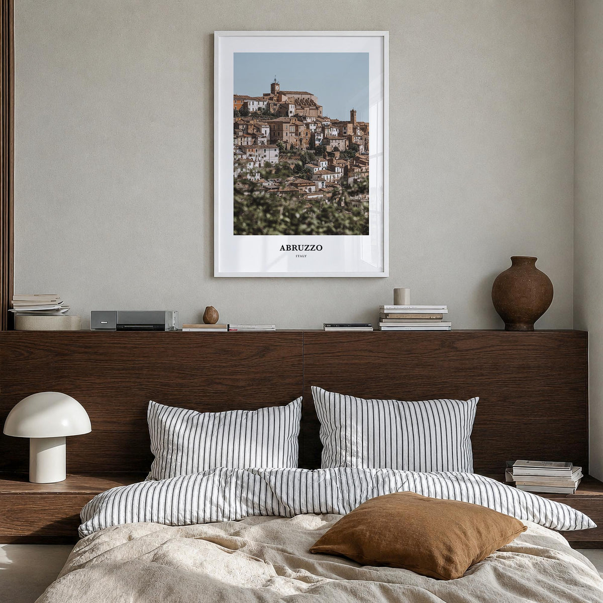 Abruzzo no. 1 colorful classic poster of Italy – vertical wall art in white wood frame, hanging on wall