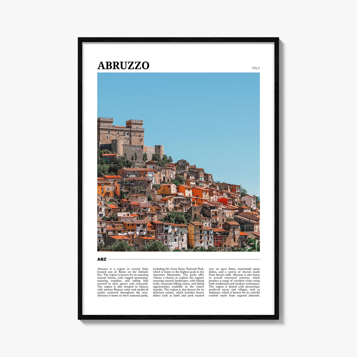 Abruzzo no. 2 colorful travel poster of Italy – vertical wall art, unframed print shown in interior mockup