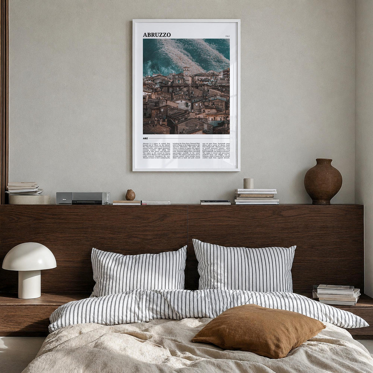 Abruzzo no. 3 colorful travel poster of Italy – vertical wall art in white wood frame, hanging on wall