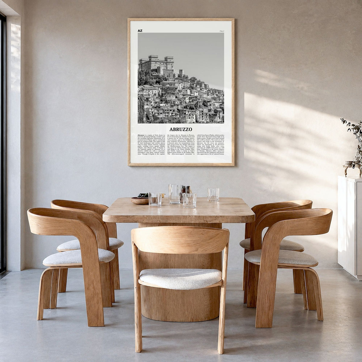 Abruzzo Newspaper No 1 Poster in a natural wood frame, hanging in a dining room