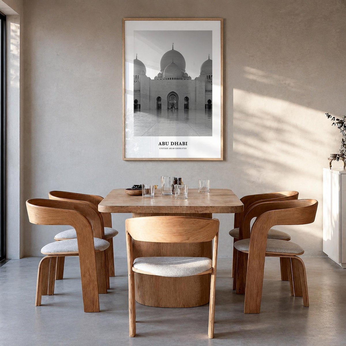 Abu Dhabi black & white classic poster of United Arab Emirates – vertical wall art in natural wood frame, hanging on wall