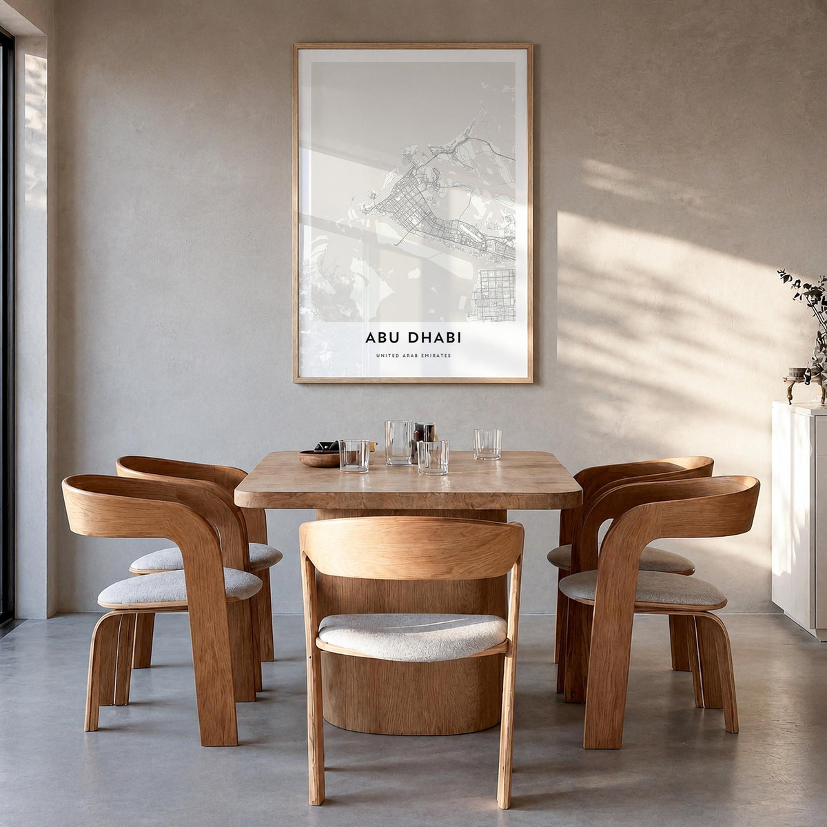Abu Dhabi black & white map poster of United Arab Emirates – vertical wall art in natural wood frame, hanging on wall