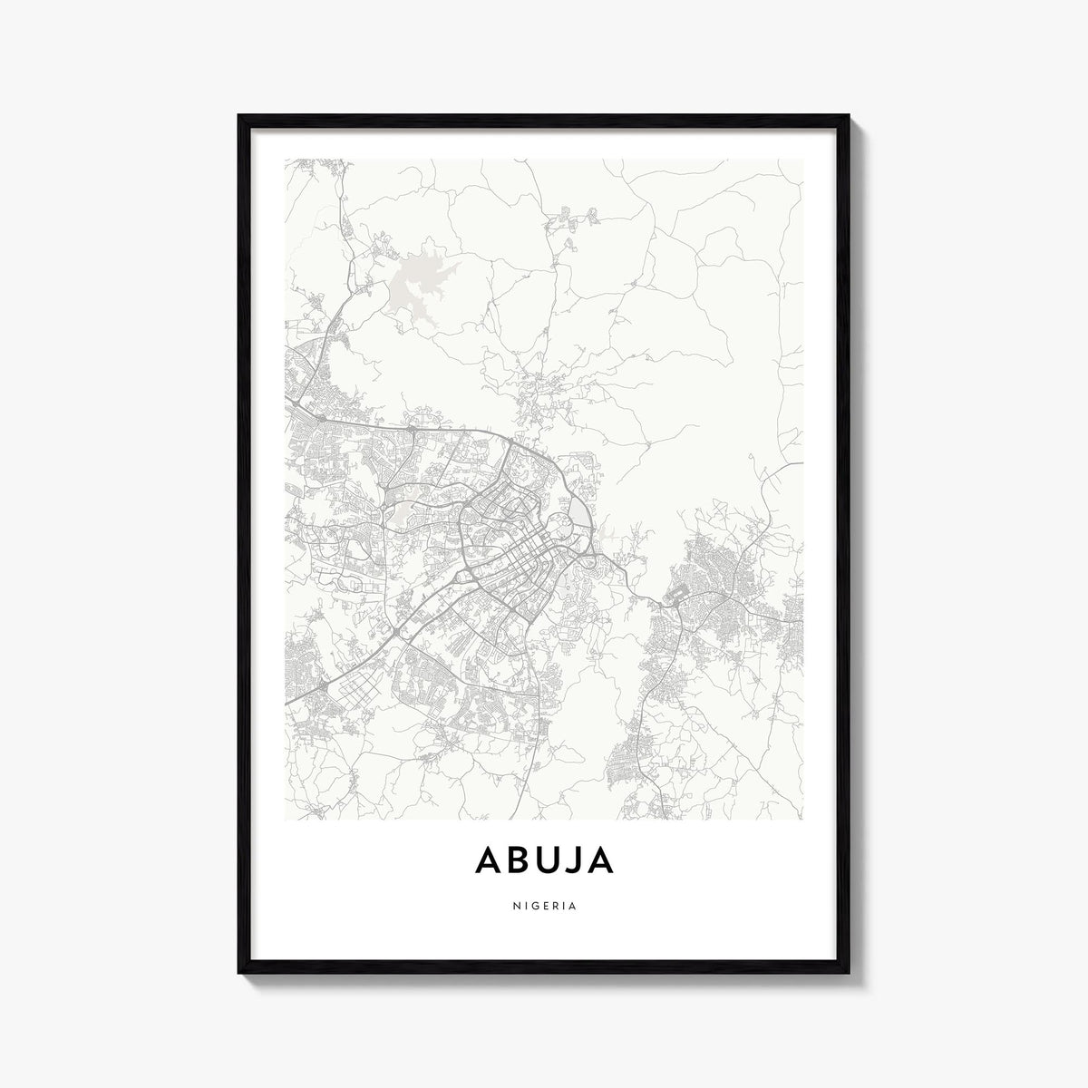 Abuja black & white map poster of Nigeria – vertical wall art, unframed print shown in interior mockup
