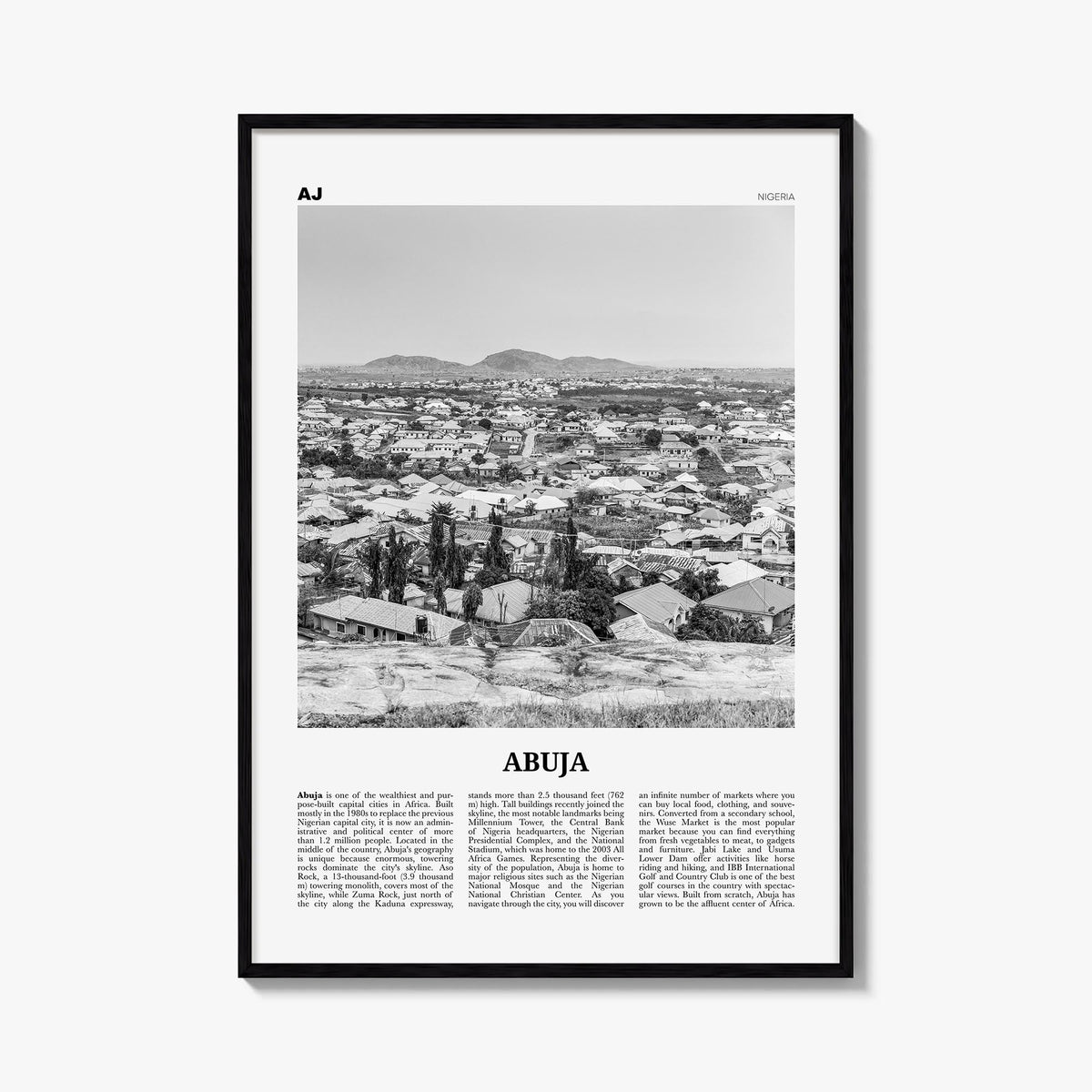 Abuja black & white newspaper poster of Nigeria – vertical wall art, unframed print shown in interior mockup