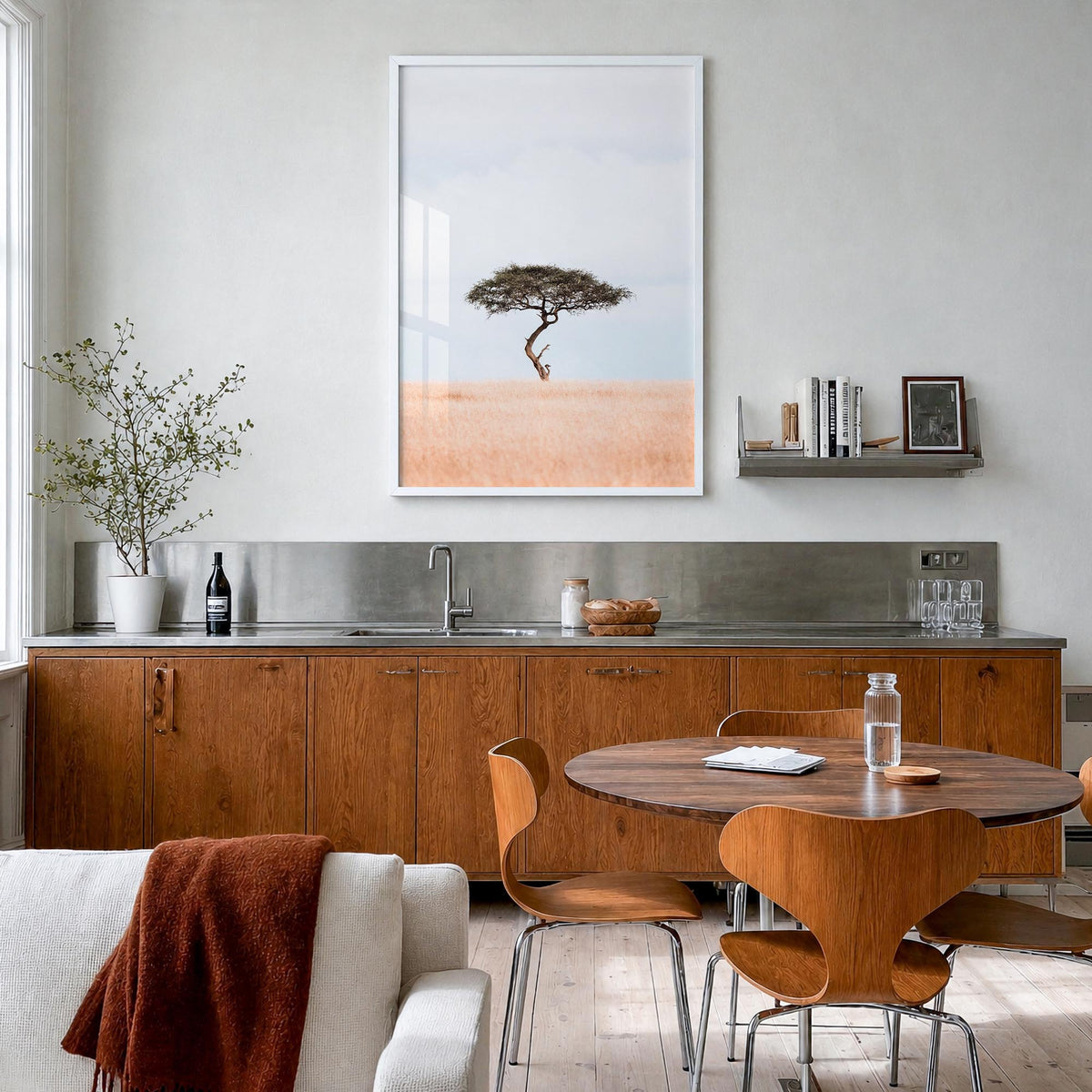Acacia Tree no. 1 colorful photo poster – vertical wall art in white wood frame, hanging on wall