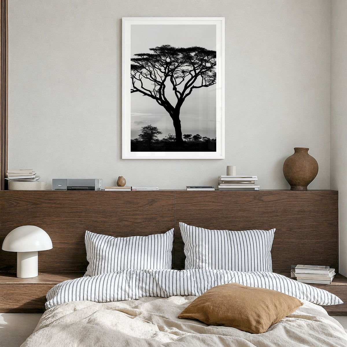 Acacia Tree Photo Poster in a white wood frame, hanging in a bedroom, white border