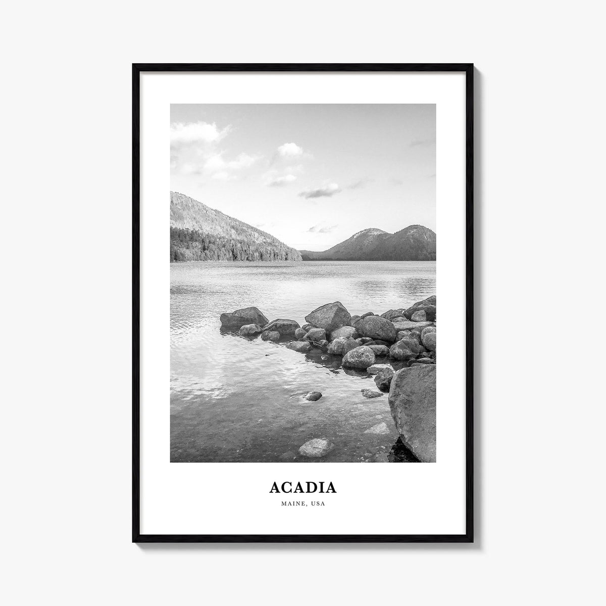 Acadia National Park black & white classic poster of Maine, USA – vertical wall art, unframed print shown in interior mockup
