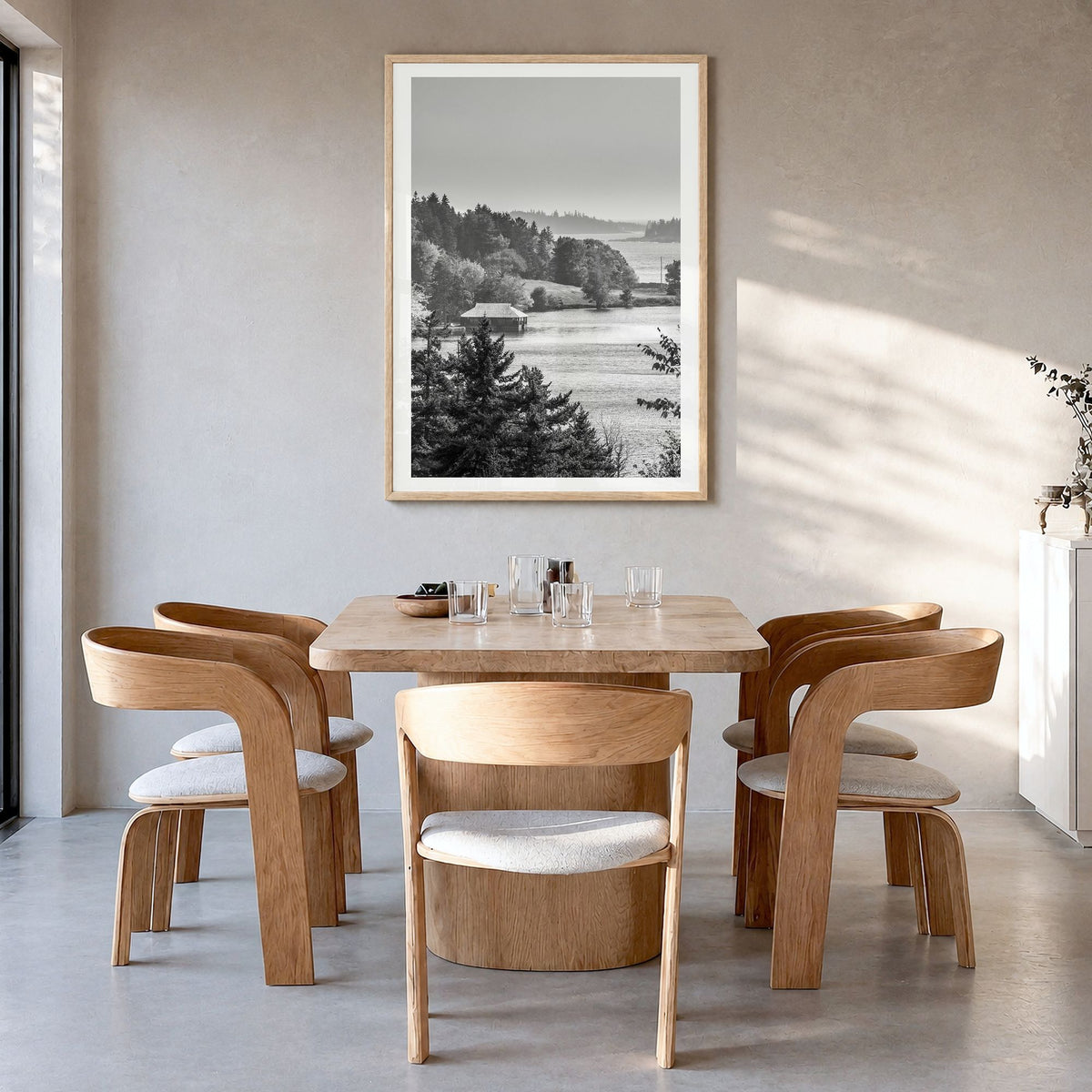 Acadia National Park Photo Poster in a natural wood frame, hanging in a dining room, white border