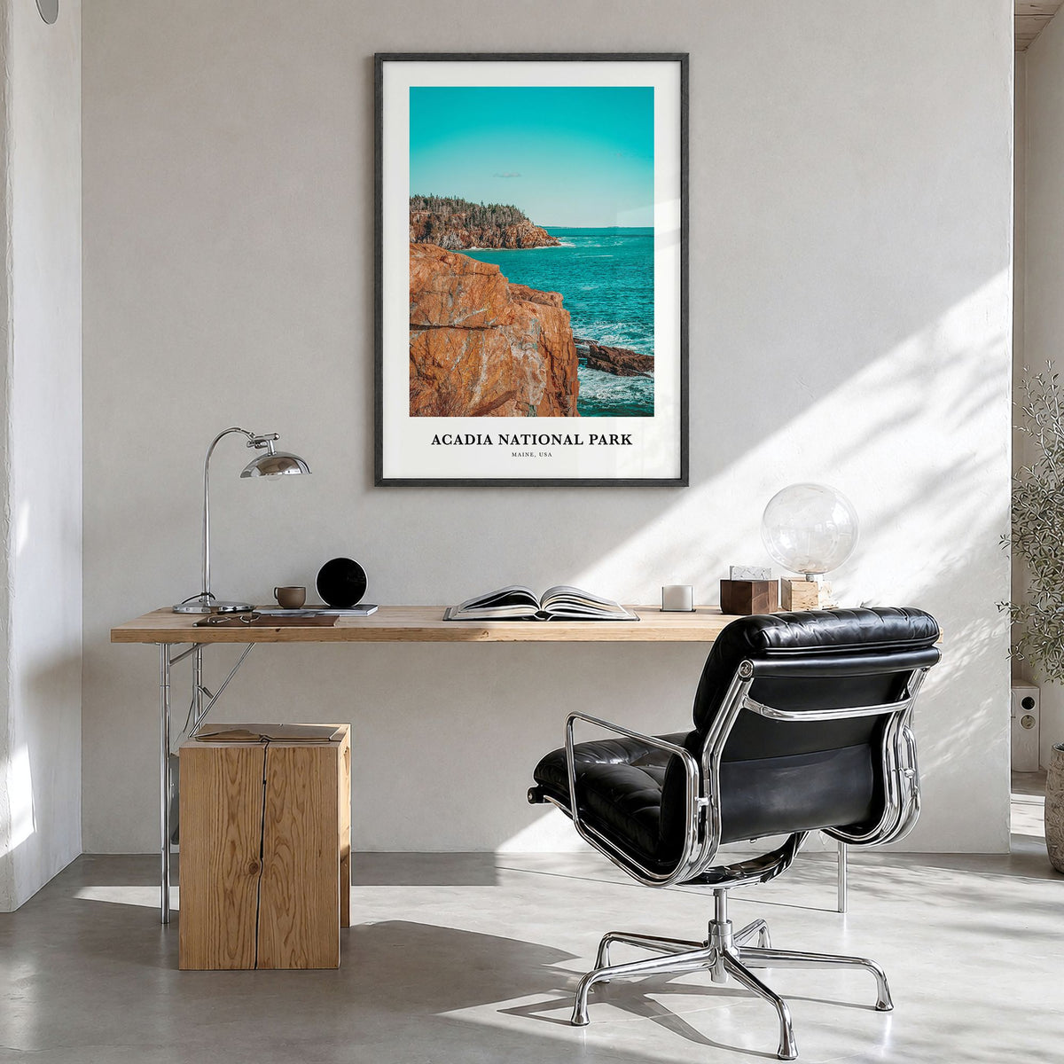 Acadia National Park Classic Poster in a black wood frame, hanging in a bright home office