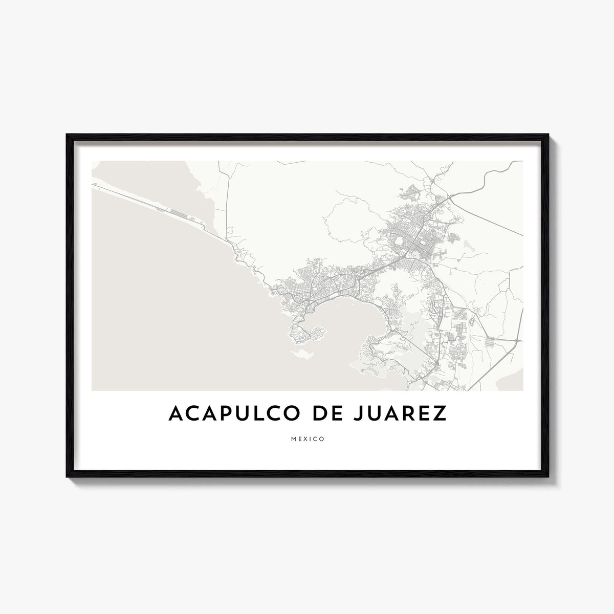 Acapulco de Juárez black & white map poster of Mexico – horizontal wall art, unframed print shown in interior mockup
