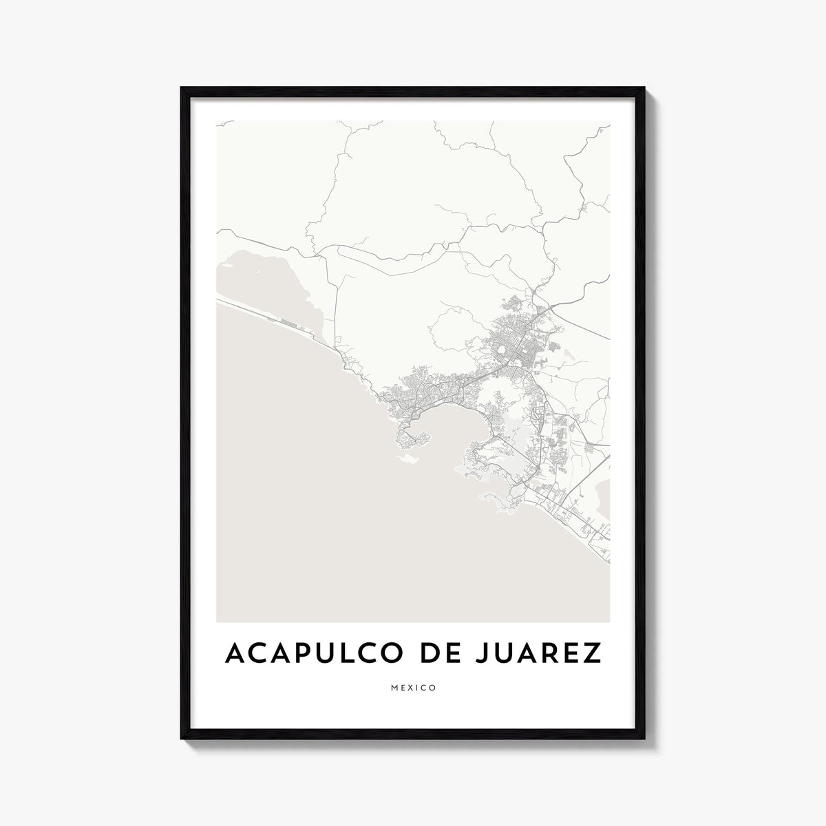 Acapulco de Juárez black & white map poster of Mexico – vertical wall art, unframed print shown in interior mockup