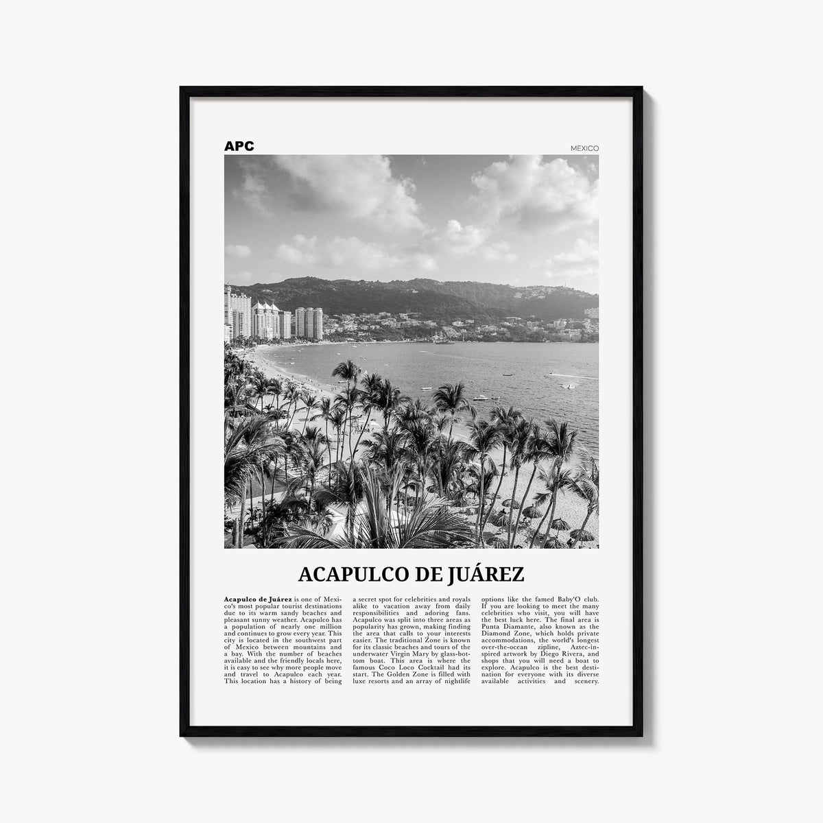 Acapulco de Juárez black & white newspaper poster of Mexico – vertical wall art, unframed print shown in interior mockup