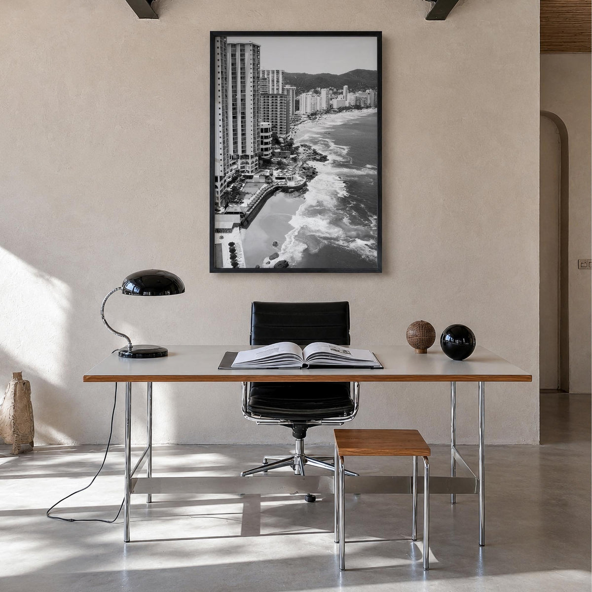 Acapulco de Juárez black & white photo poster of Mexico – vertical wall art in black wood frame, hanging on wall