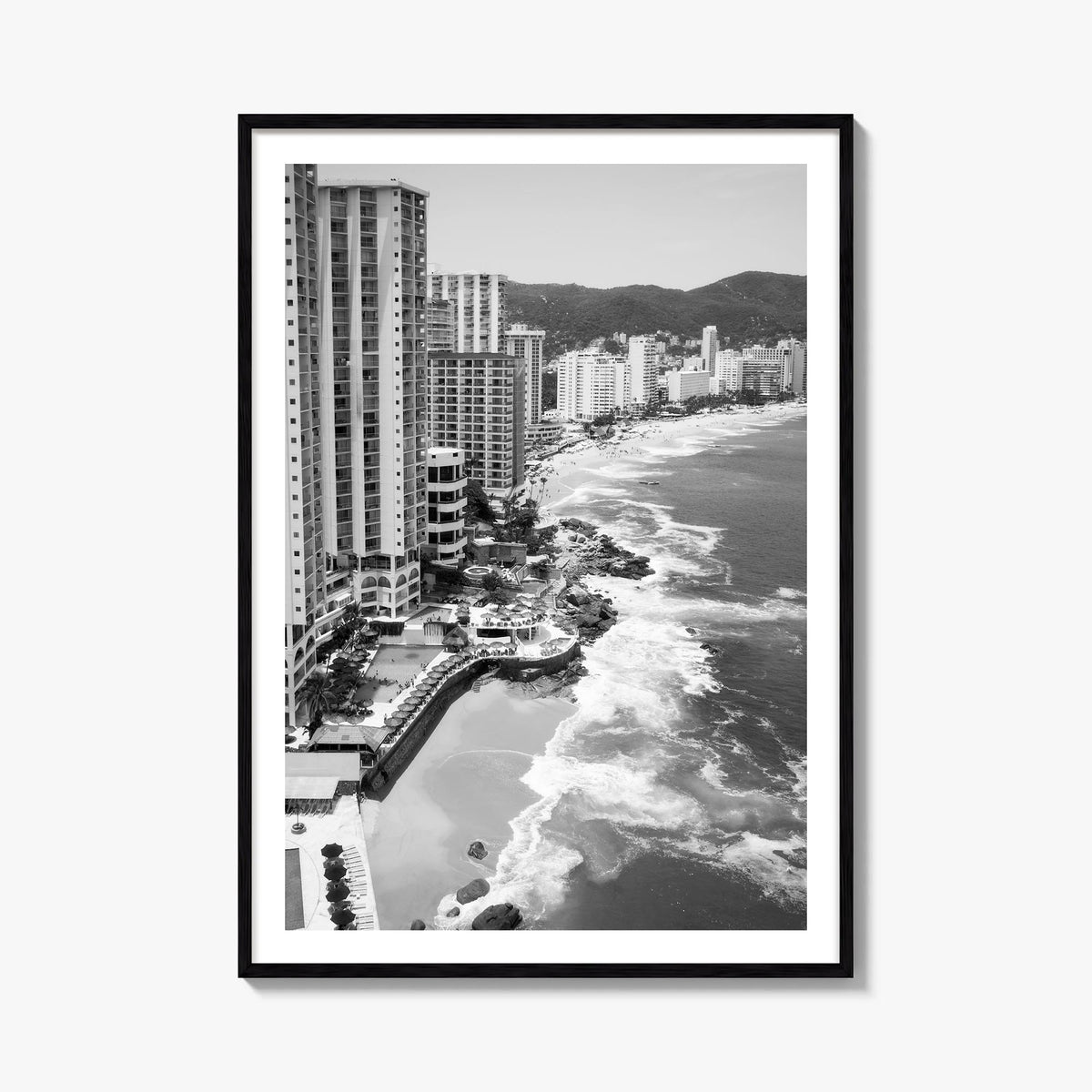 Acapulco de Juárez black & white photo poster of Mexico – vertical wall art, unframed print shown in interior mockup