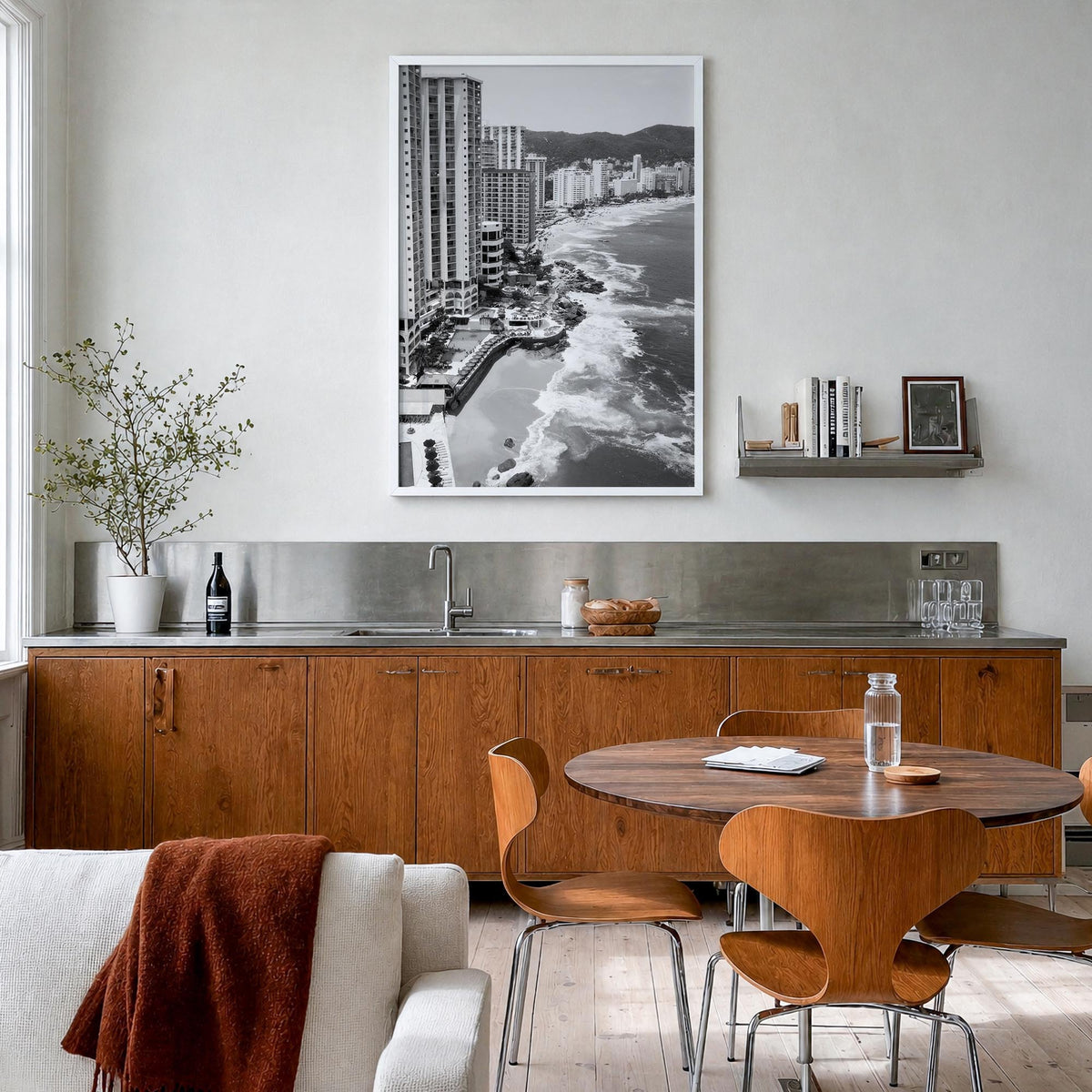 Acapulco de Juárez black & white photo poster of Mexico – vertical wall art in white wood frame, hanging on wall