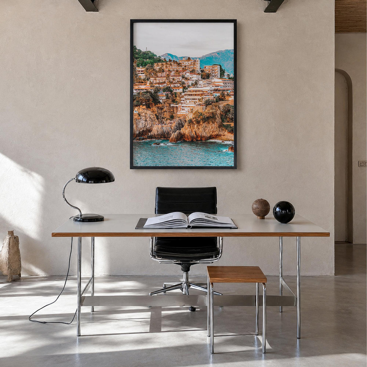 Acapulco de Juárez colorful photo poster of Mexico – vertical wall art in black wood frame, hanging on wall