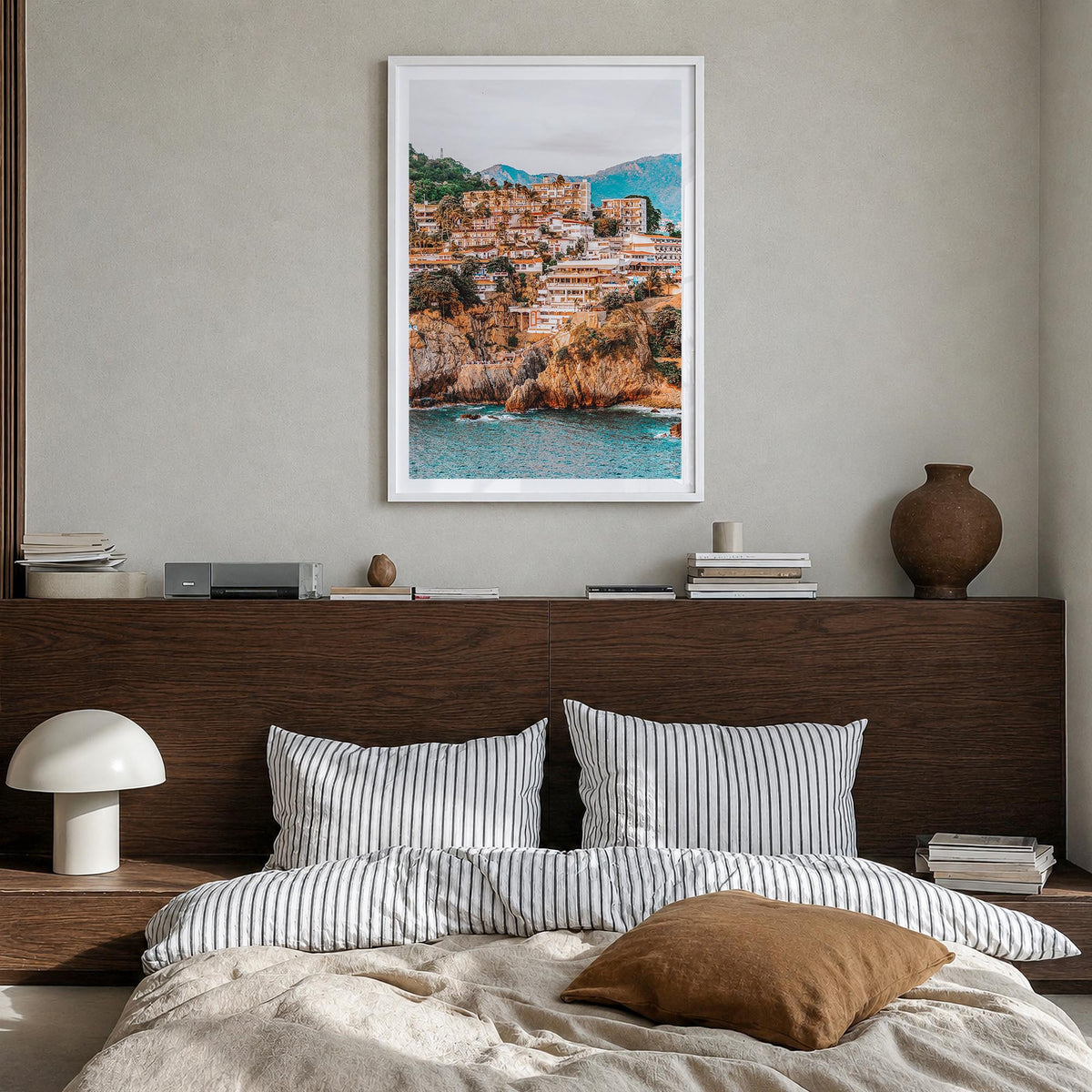 Acapulco de Juárez colorful photo poster of Mexico – vertical wall art in white wood frame with white border, hanging on wall