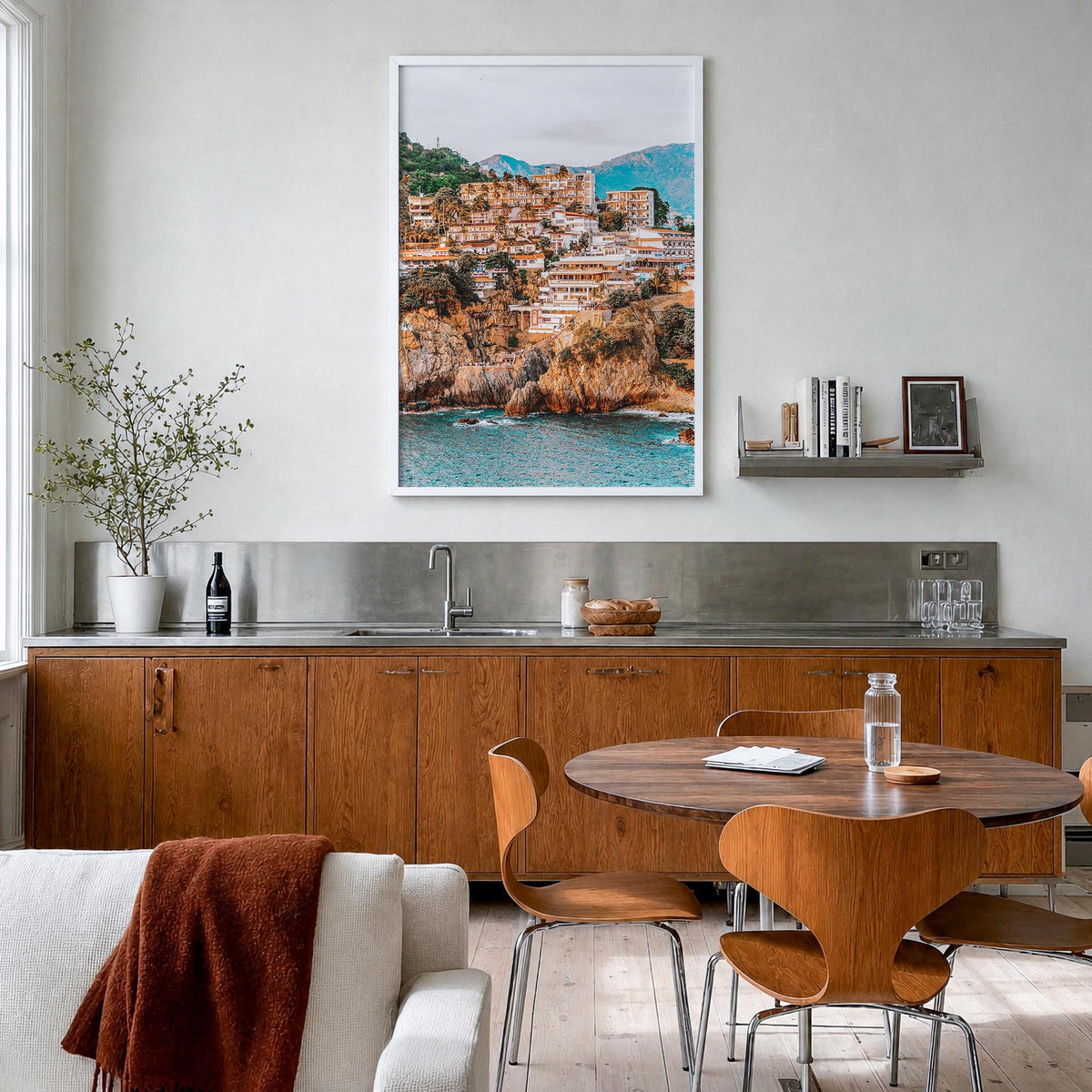 Acapulco de Juárez colorful photo poster of Mexico – vertical wall art in white wood frame, hanging on wall