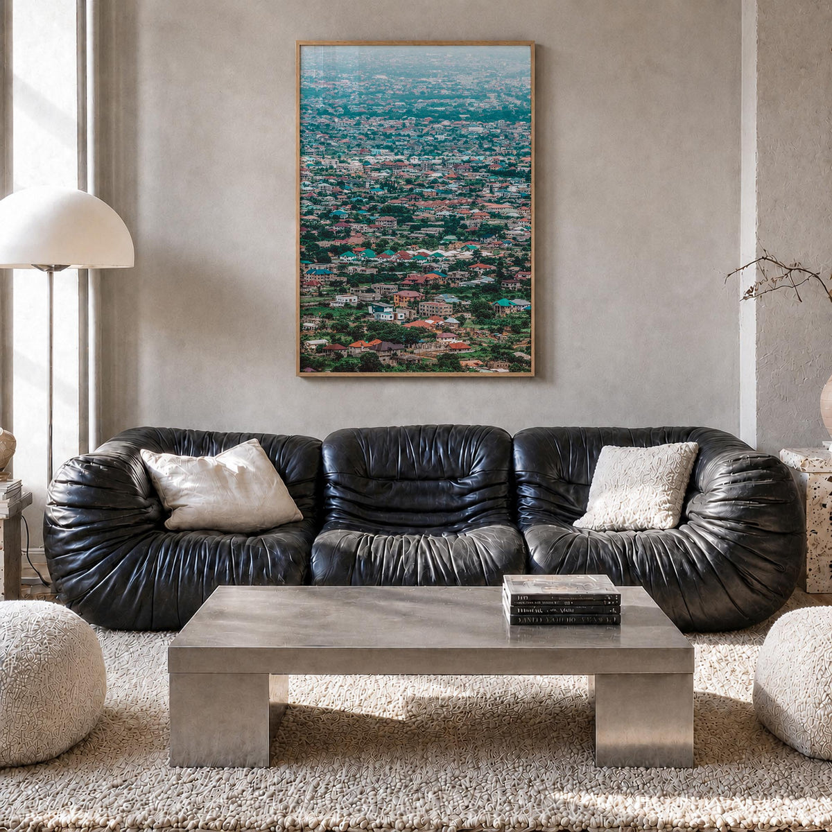 Accra colorful photo poster of Ghana – vertical wall art in natural wood frame, hanging on wall