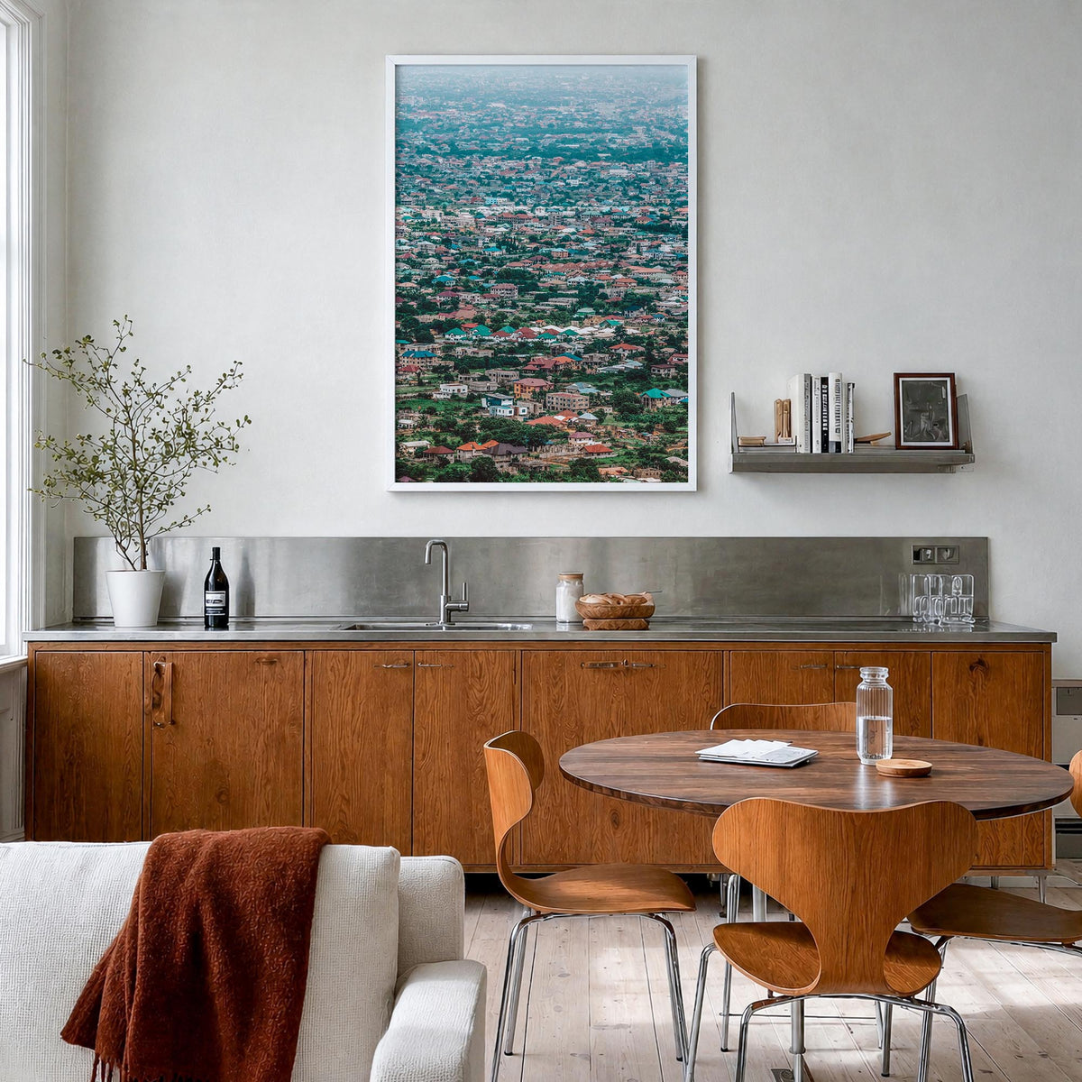 Accra colorful photo poster of Ghana – vertical wall art in white wood frame, hanging on wall