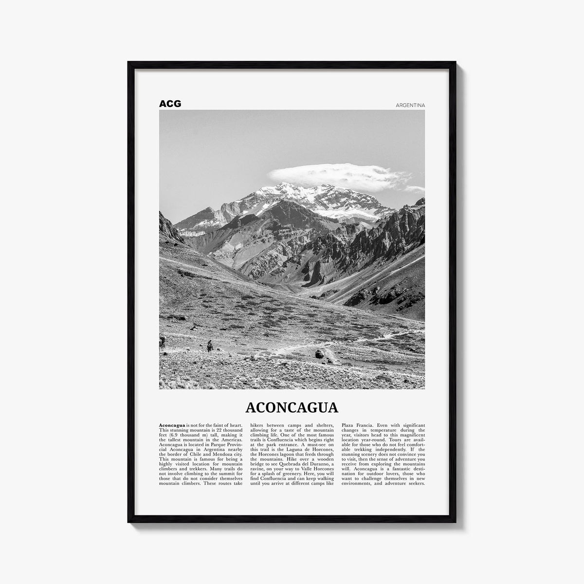 Aconcagua black & white newspaper poster of Argentina – vertical wall art, unframed print shown in interior mockup