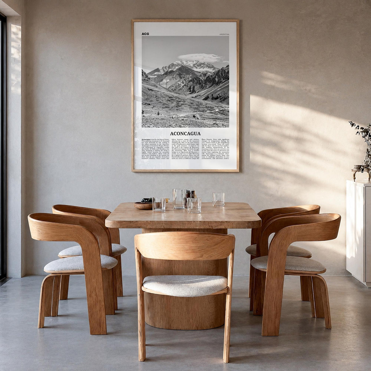 Aconcagua black & white newspaper poster of Argentina – vertical wall art in natural wood frame, hanging on wall