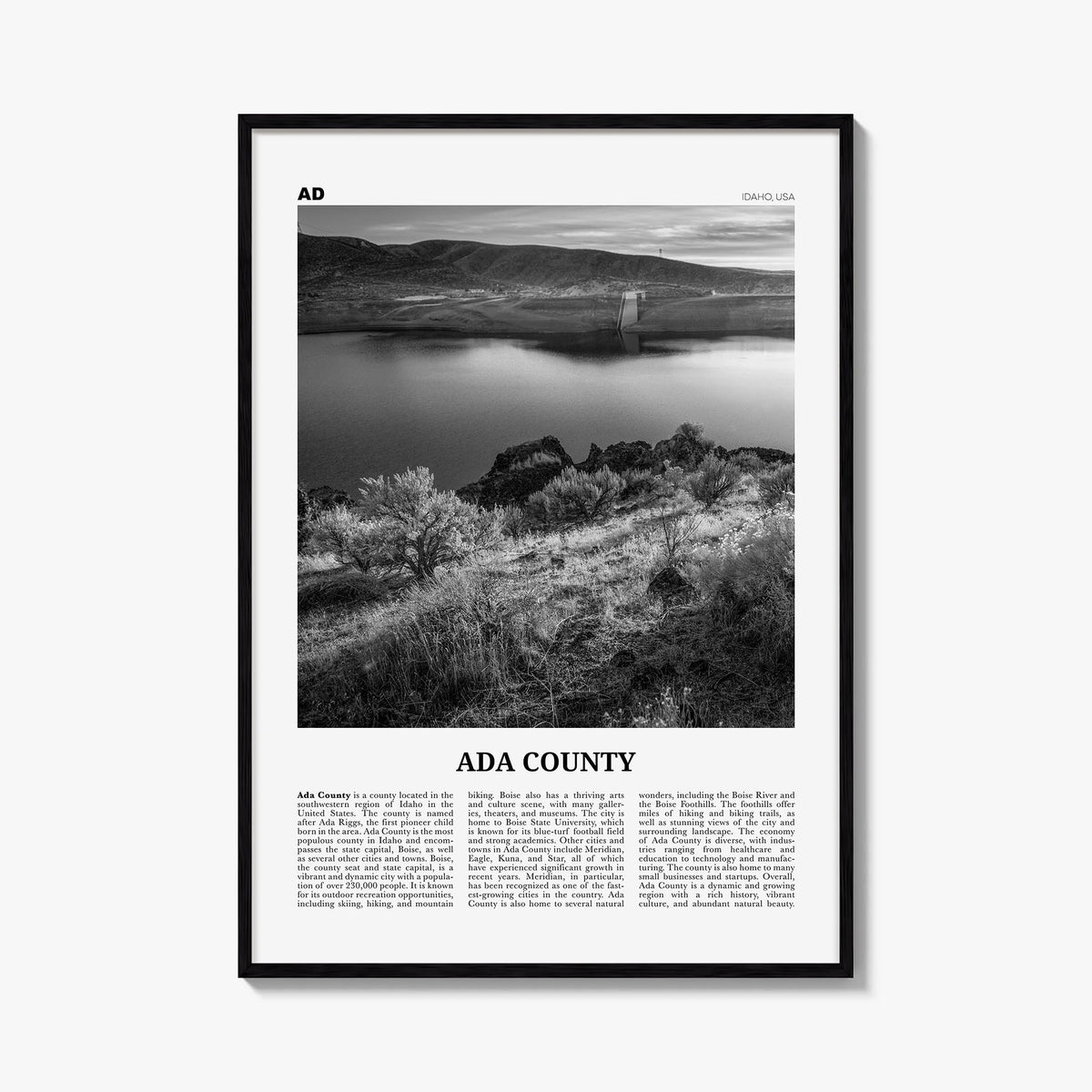 Ada County black & white newspaper poster of Idaho, USA – vertical wall art, unframed print shown in interior mockup