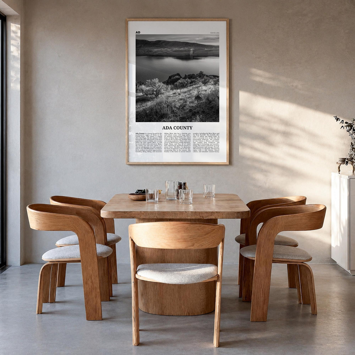 Ada County black & white newspaper poster of Idaho, USA – vertical wall art in natural wood frame, hanging on wall