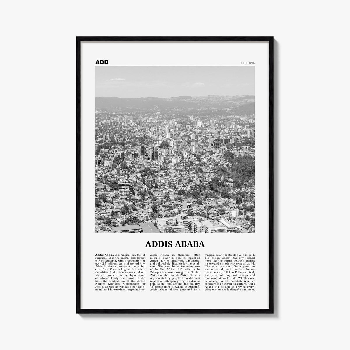 Addis Ababa black & white newspaper poster of Ethiopia – vertical wall art, unframed print shown in interior mockup