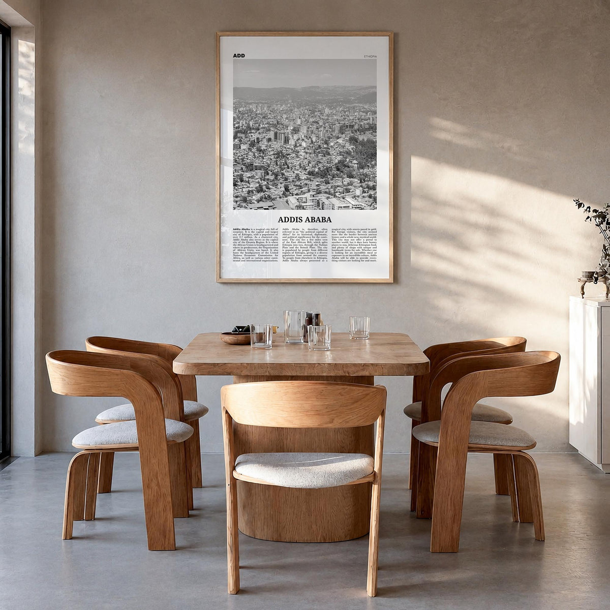 Addis Ababa black & white newspaper poster of Ethiopia – vertical wall art in natural wood frame, hanging on wall