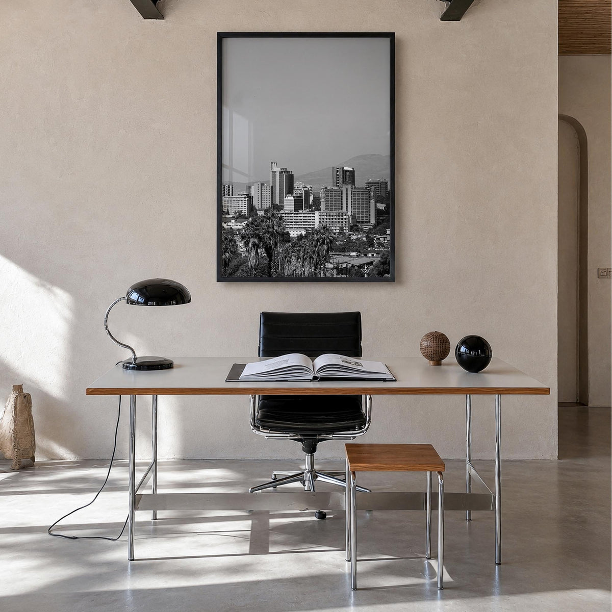 Addis Ababa black & white photo poster of Ethiopia – vertical wall art in black wood frame, hanging on wall