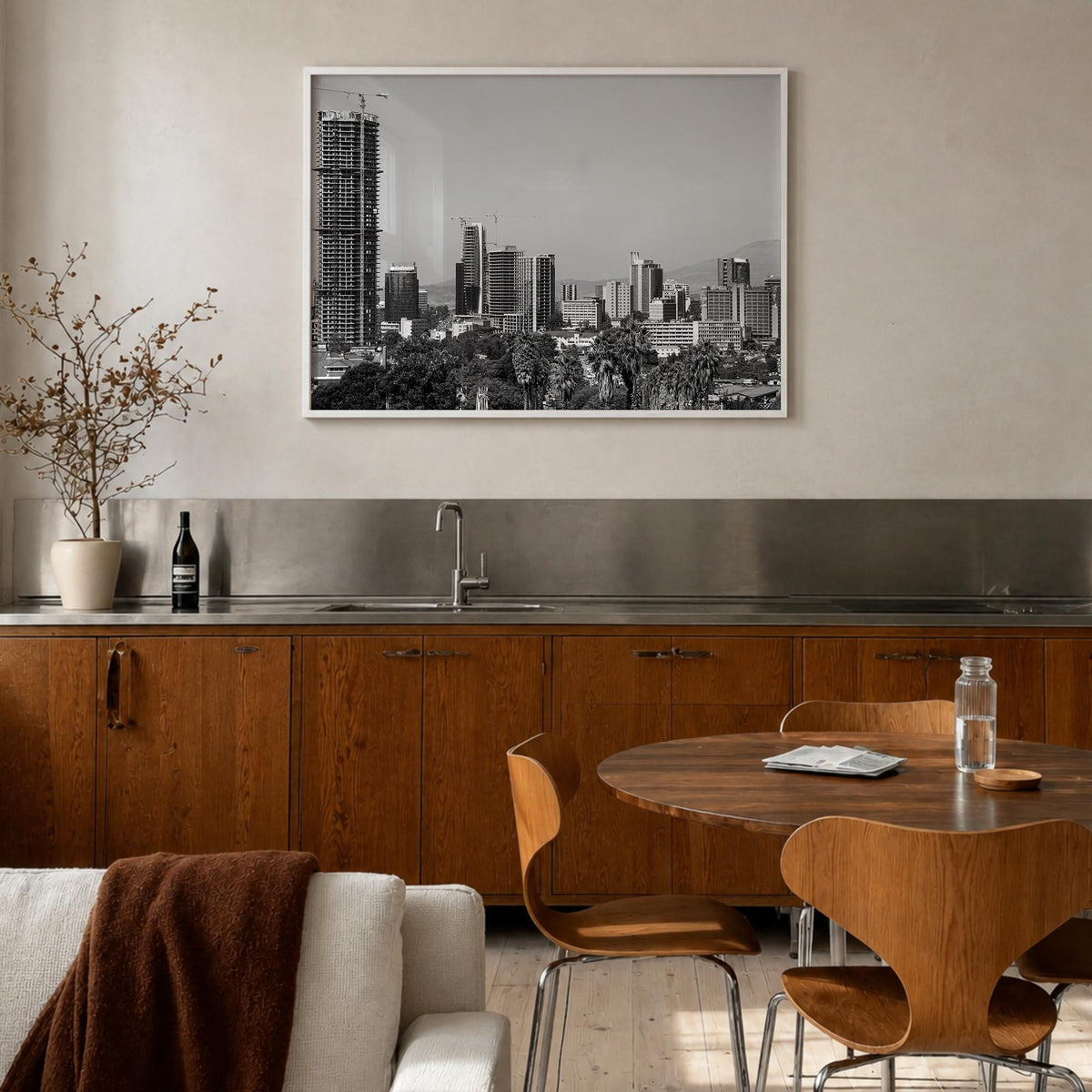 Addis Ababa black & white photo poster of Ethiopia – horizontal wall art in white wood frame, hanging on wall