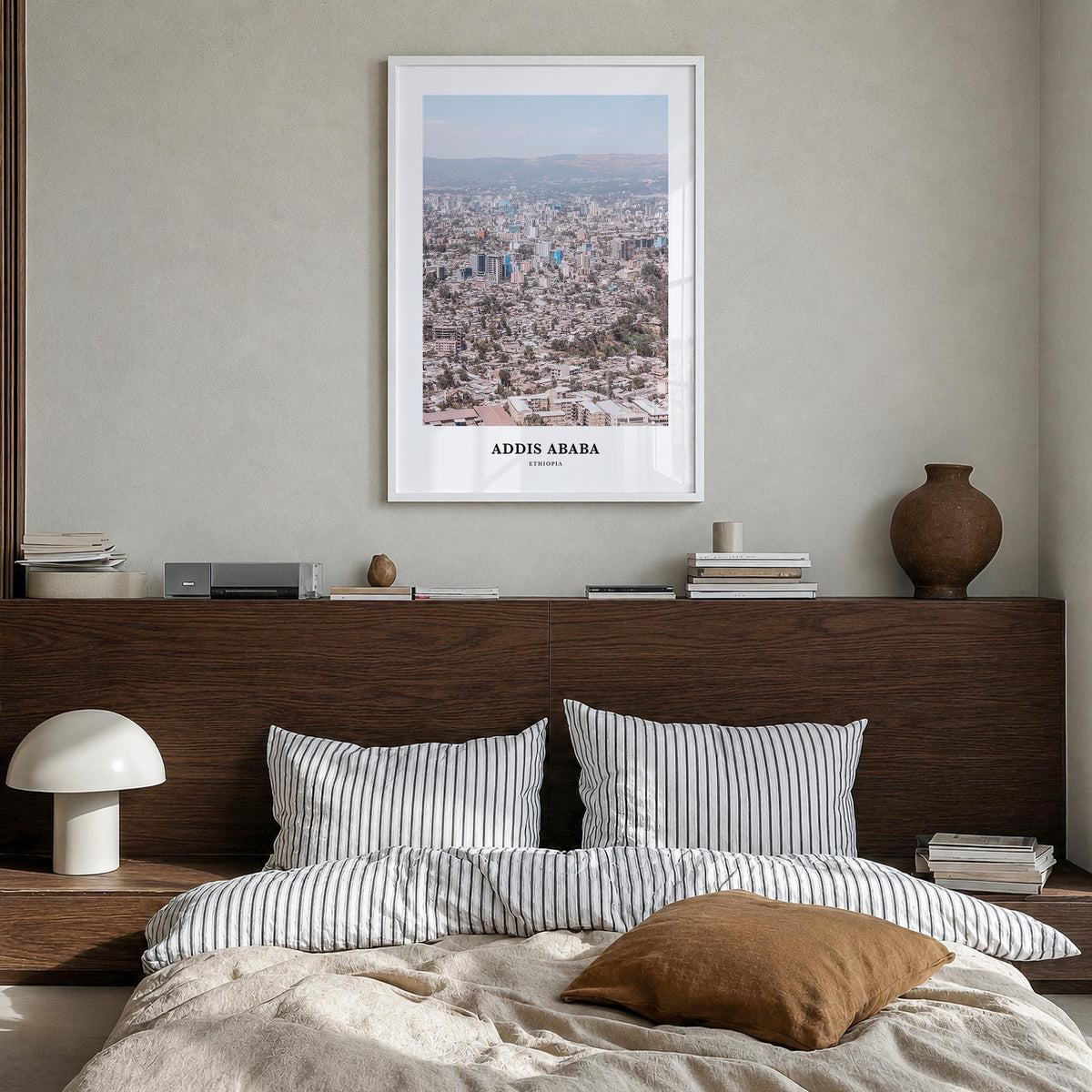 Addis Ababa colorful classic poster of Ethiopia – vertical wall art in white wood frame, hanging on wall